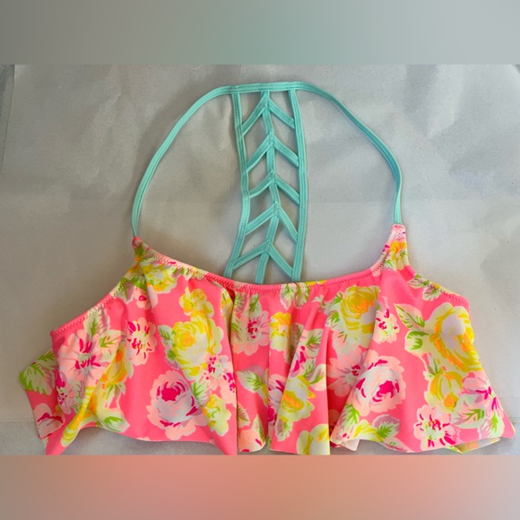 M VICTORIA’s SECRET SWIM lattice cage back bright ruffle floral roses bikini TOP - Picture 2 of 6